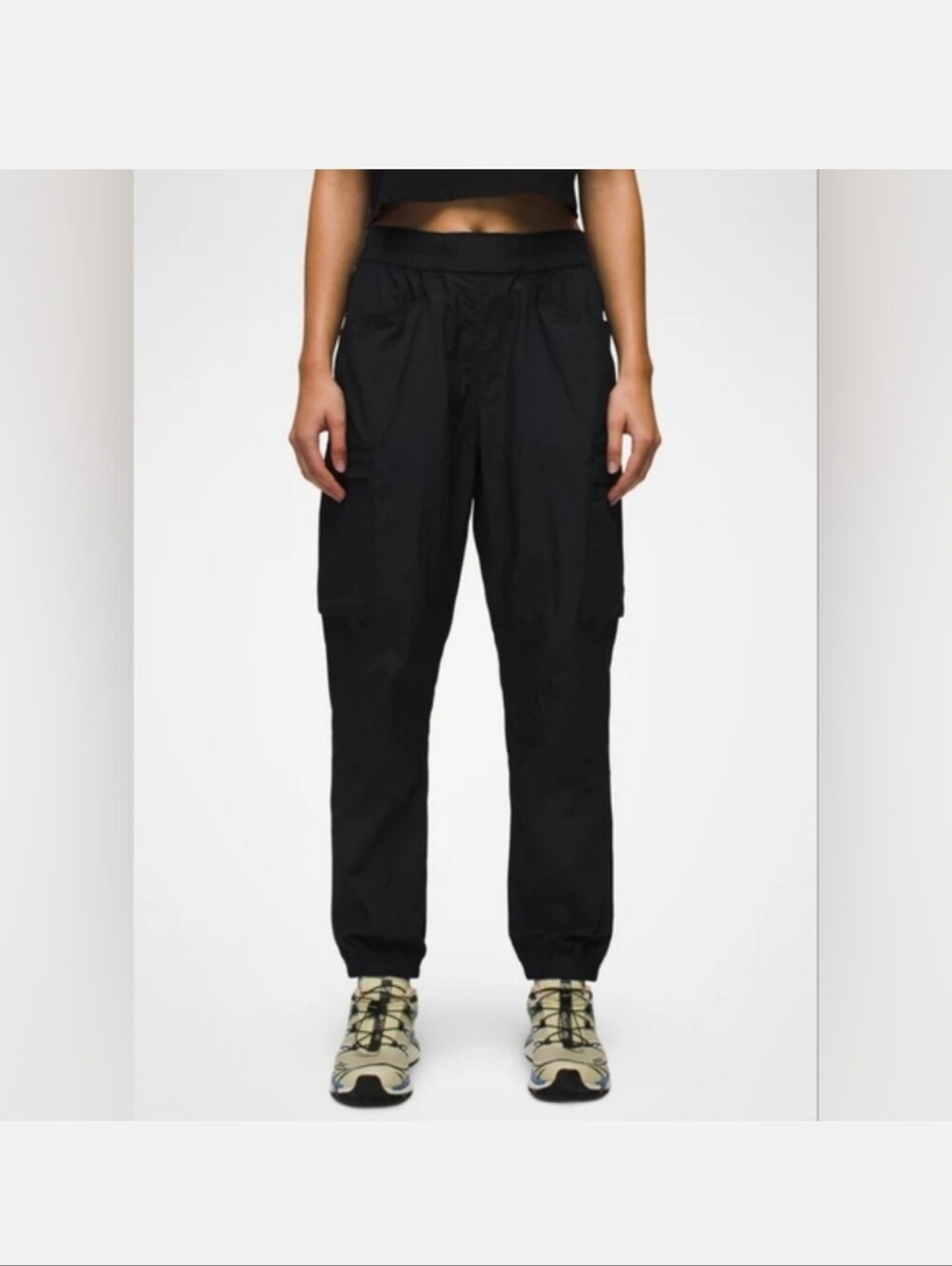 Prana Crossback Pants Womens Size L Cargo Pockets Hiking Elastic Waist Black